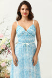 Blue A Line Spaghetti Straps Floral Print Tulle Floor Length Bridesmaid Dress