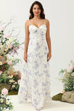 White Blue Flower A-Line Spaghetti Straps Chiffon Floor-Length Bridesmaid Dress