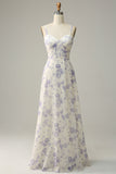 White Blue Flower A-Line Spaghetti Straps Chiffon Floor-Length Bridesmaid Dress