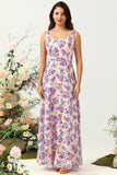 Pink A Line Square Neck Floral Printed Chiffon Wedding Party Dress with Open Back