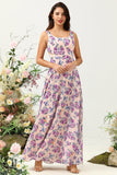 Pink A Line Square Neck Floral Printed Chiffon Wedding Party Dress with Open Back