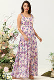 Pink A Line Square Neck Floral Printed Chiffon Wedding Party Dress with Open Back