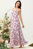 Pink A Line Square Neck Floral Printed Chiffon Wedding Party Dress with Open Back