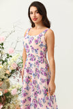 Pink A Line Square Neck Floral Printed Chiffon Wedding Party Dress with Open Back