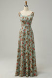 Pink A Line Square Neck Floral Printed Chiffon Wedding Party Dress with Open Back