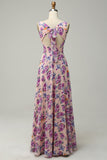 Pink A Line Square Neck Floral Printed Chiffon Wedding Party Dress with Open Back