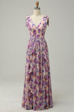 Pink Floral A Line V Neck Printed Long Bridesmaid Dress with Ruffles