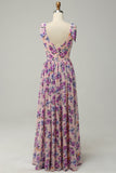 Pink Floral A Line V Neck Printed Long Bridesmaid Dress with Ruffles