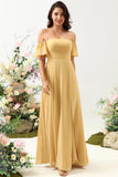 Yellow A Line Off The Shoulder Chiffon Long Bridesmaid Dress with Ruffles