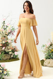 Yellow A Line Off The Shoulder Chiffon Long Bridesmaid Dress with Ruffles