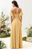 Yellow A Line Off The Shoulder Chiffon Long Bridesmaid Dress with Ruffles