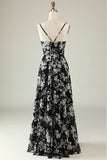 Black A Line Spaghetti Straps Floral Print Floor Length Chiffon Bridesmaid Dress