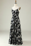 Black A Line Spaghetti Straps Floral Print Floor Length Chiffon Bridesmaid Dress