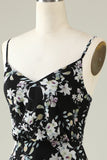 Black A Line Spaghetti Straps Floral Print Floor Length Chiffon Bridesmaid Dress