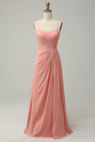 Blush A LineSpaghetti Straps Ruched Chiffon Bridesmaid Dress with Ruffles