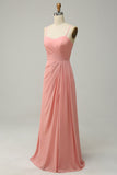 Blush A LineSpaghetti Straps Ruched Chiffon Bridesmaid Dress with Ruffles