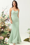 Sage Mermaid Draped Spaghetti Straps Ruched Chiffon Bridesmaid Dress