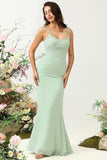 Sage Mermaid Draped Spaghetti Straps Ruched Chiffon Bridesmaid Dress