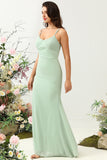 Sage Mermaid Draped Spaghetti Straps Ruched Chiffon Bridesmaid Dress