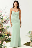 Sage Mermaid Draped Spaghetti Straps Ruched Chiffon Bridesmaid Dress