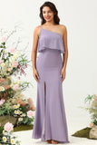 Purple Mermaid One Shoulder 100D Chiffon Bridesmaid Dress with Ruffles