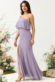 Purple Mermaid One Shoulder 100D Chiffon Bridesmaid Dress with Ruffles