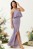 Purple Mermaid One Shoulder 100D Chiffon Bridesmaid Dress with Ruffles