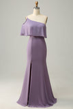 Purple Mermaid One Shoulder 100D Chiffon Bridesmaid Dress with Ruffles