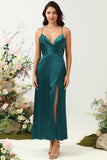 A Line Spaghetti Straps Dark Green Bright Satin Bridesmaid Dress with Open Back