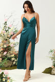 A Line Spaghetti Straps Dark Green Bright Satin Bridesmaid Dress with Open Back