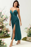 A Line Spaghetti Straps Dark Green Bright Satin Bridesmaid Dress with Open Back