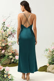 A Line Spaghetti Straps Dark Green Bright Satin Bridesmaid Dress with Open Back