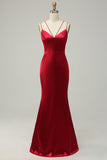 Mermaid Spaghetti Straps Long Satin Burgundy Bridesmaid Dress with Open Back