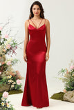 Mermaid Spaghetti Straps Long Satin Burgundy Bridesmaid Dress with Open Back