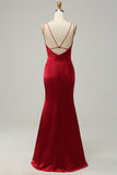 Mermaid Spaghetti Straps Long Satin Burgundy Bridesmaid Dress with Open Back