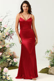 Mermaid Spaghetti Straps Long Satin Burgundy Bridesmaid Dress with Open Back