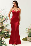 Mermaid Spaghetti Straps Long Satin Burgundy Bridesmaid Dress with Open Back