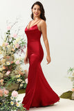 Mermaid Spaghetti Straps Long Satin Burgundy Bridesmaid Dress with Open Back