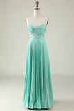 Mint Green A Line Spaghetti Straps Pleated Long Bridesmaid Dress