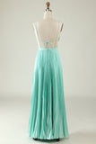 Mint Green A Line Spaghetti Straps Pleated Long Bridesmaid Dress