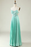 Mint Green A Line Spaghetti Straps Pleated Long Bridesmaid Dress