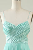 Mint Green A Line Spaghetti Straps Pleated Long Bridesmaid Dress