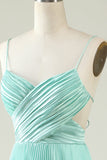 Mint Green A Line Spaghetti Straps Pleated Long Bridesmaid Dress