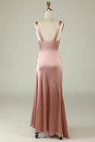 Blush Asymmetrical Spaghetti Straps Bridesmaid Dress with Slit