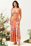 Orange Floral Asymmetrical Floral Print Bright Satin Boho Bridesmaid Dress