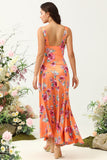 Orange Floral Asymmetrical Floral Print Bright Satin Boho Bridesmaid Dress