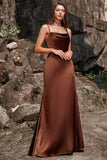 Mermaid Spaghetti Straps Floor-Length Coffee Satin Bridesmaid Dress