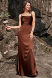 Mermaid Spaghetti Straps Floor-Length Coffee Satin Bridesmaid Dress