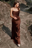 Mermaid Spaghetti Straps Floor-Length Coffee Satin Bridesmaid Dress