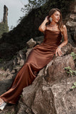 Mermaid Spaghetti Straps Floor-Length Coffee Satin Bridesmaid Dress